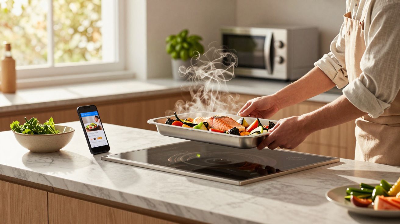 Person in apron holding a steaming tray of cooked salmon and vegetables over a kitchen stove.