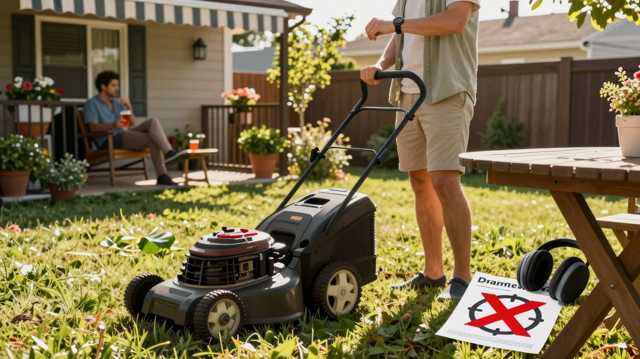Person mowing lawn in sunny backyard with another person sitting on porch drinking a beverage.