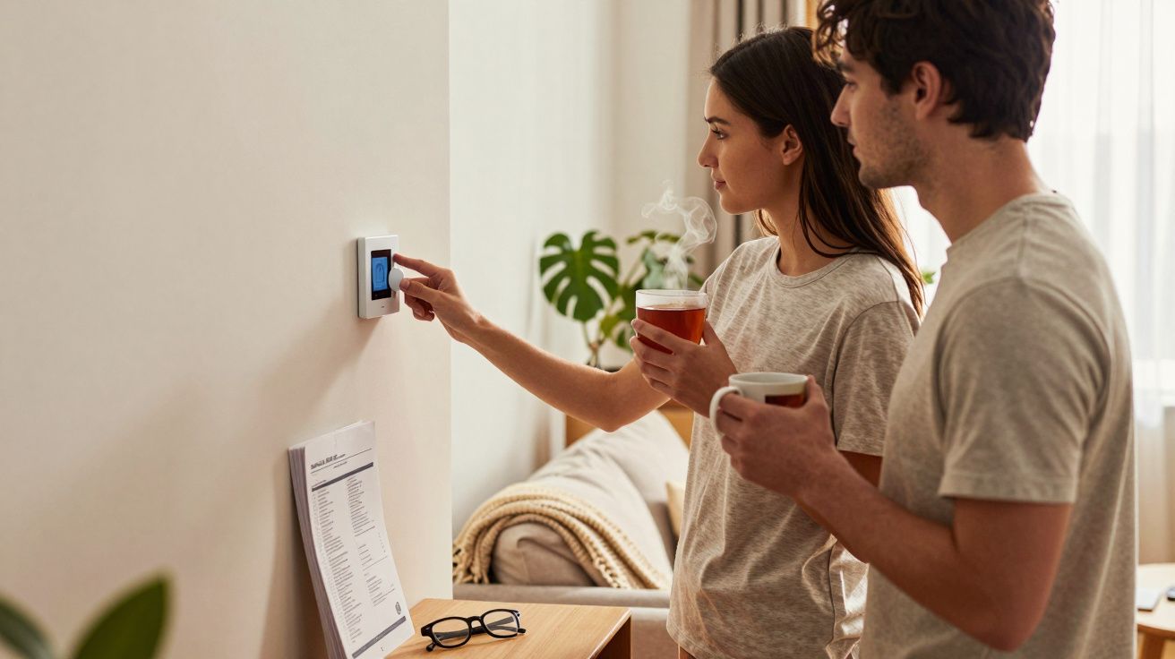 Young couple adjusting a smart thermostat while holding hot drinks in a cosy living room.