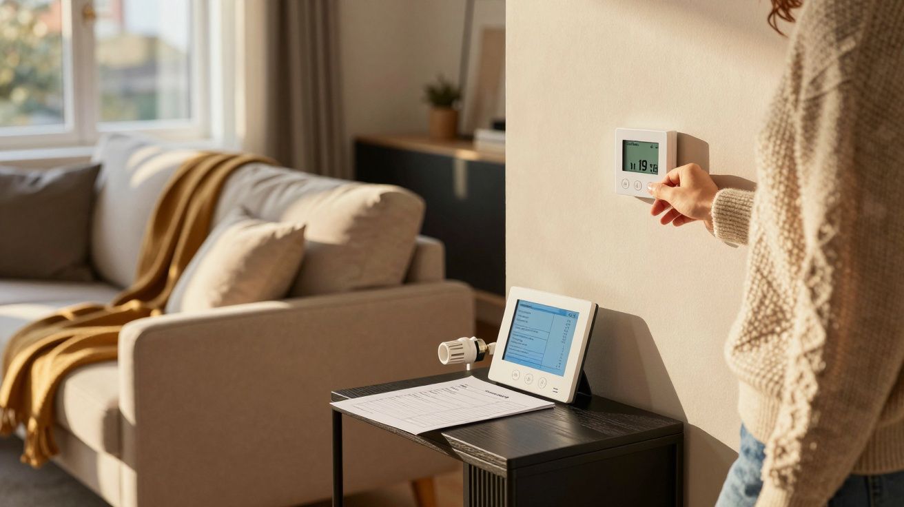 Person adjusting a digital thermostat on a wall in a cosy living room with a beige sofa and sunlight.