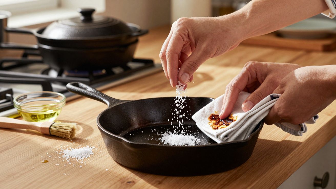 Hands sprinkling coarse salt into a cast iron skillet on a kitchen wooden countertop with cooking utensils nearby.
