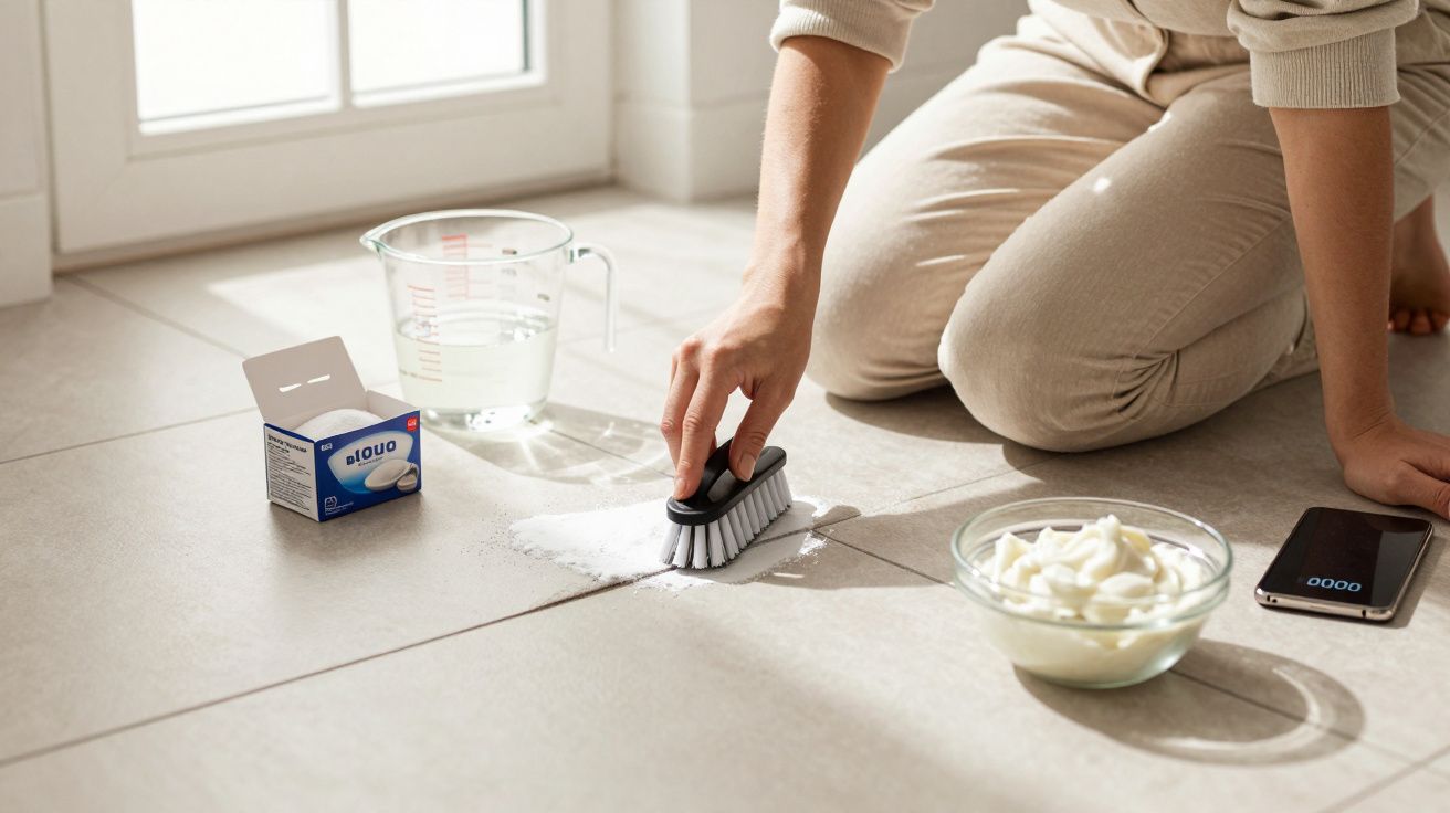 Person scrubbing white powder from tiled floor using a brush beside cleaning supplies and drinking water.