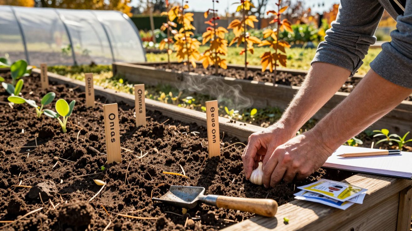 Person planting garlic bulbs in labelled raised garden bed with gardening tools and seed packets nearby