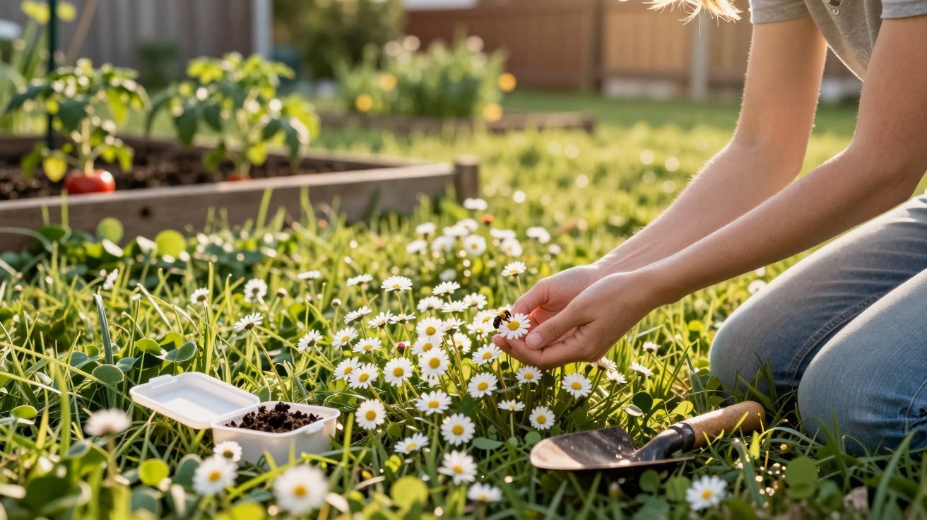 Person kneeling in garden picking white daisies, with soil container and trowel nearby in sunlight.