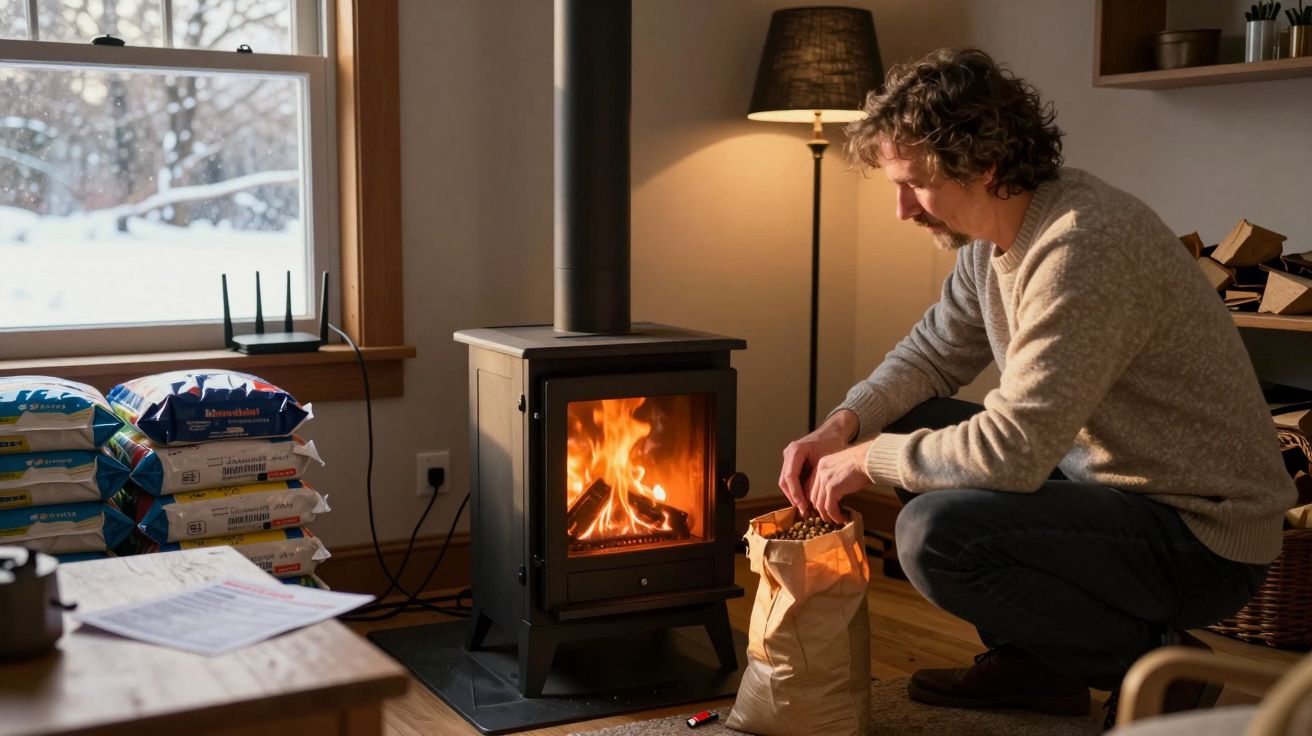 Man in a wool jumper lighting a fire in a wood-burning stove inside a cosy room with a snowy window view.