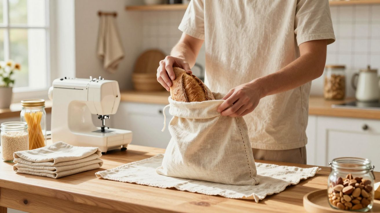 Person placing a loaf of bread into a reusable cloth bag on a wooden kitchen countertop.