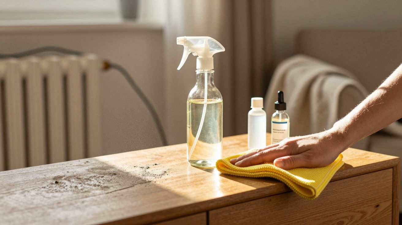 Hand wiping dust from wooden surface with yellow cloth beside spray bottle and cleaning liquids in bright room.