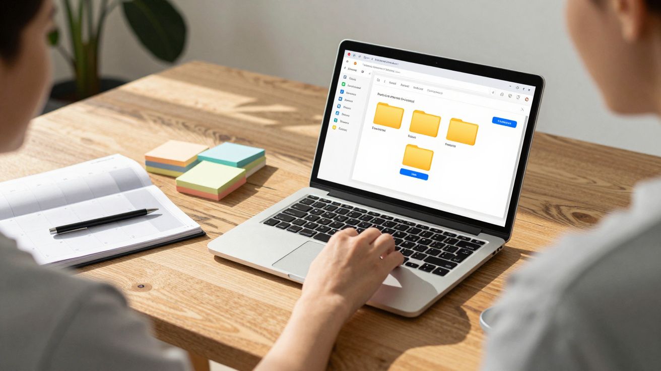 Two people working on a laptop showing digital folders on screen, with sticky notes and a notebook on wooden table.