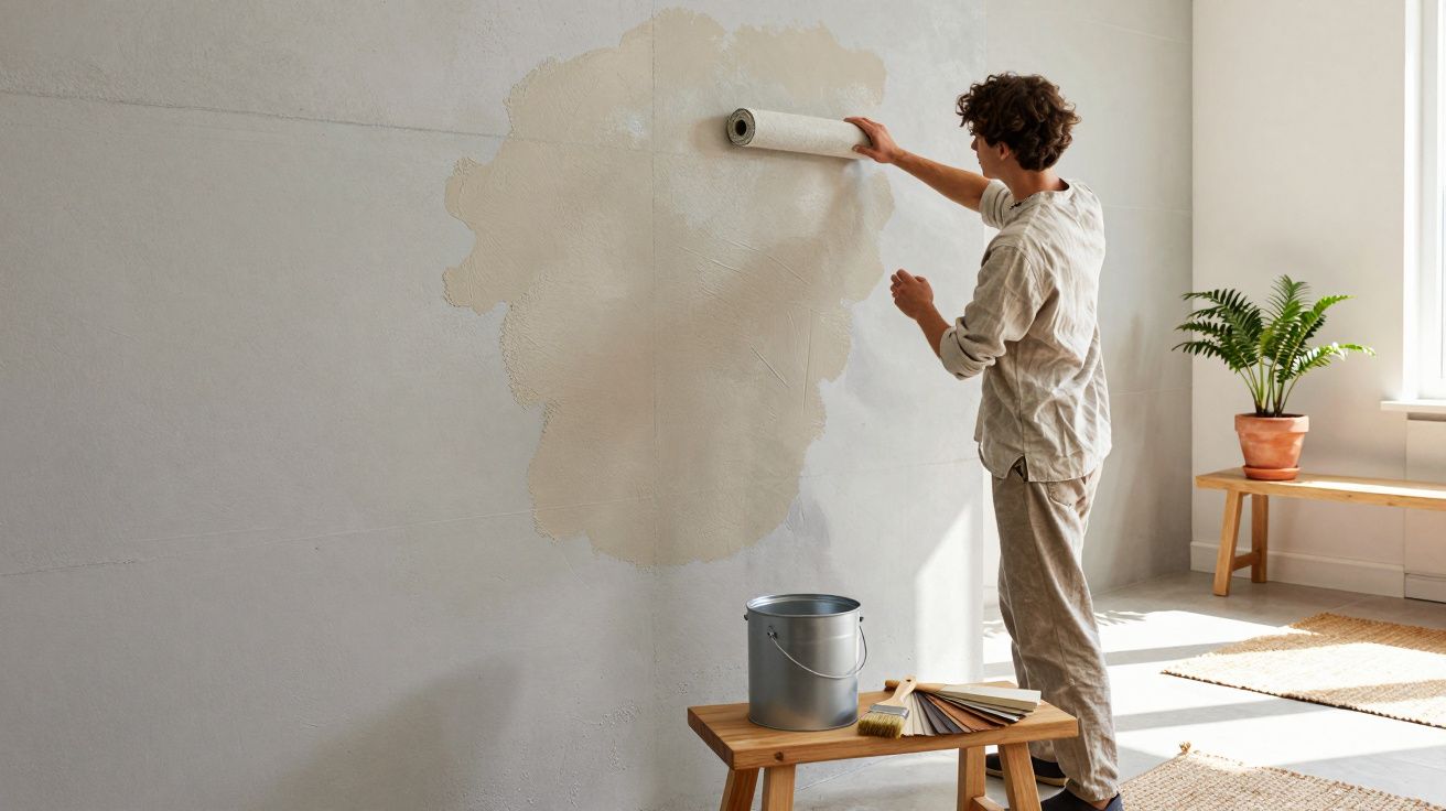 Person applying wallpaper paste to a wall with a brush roller in a bright, minimally furnished room.