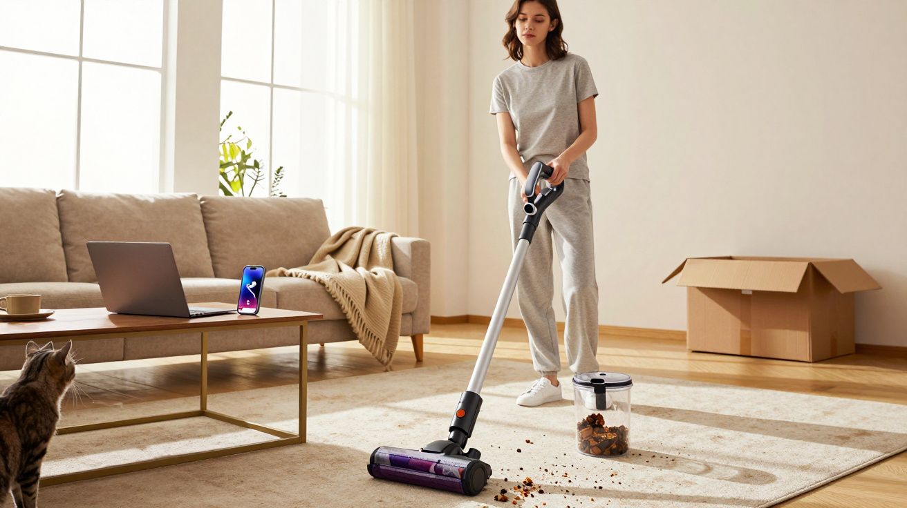 Woman vacuuming crumbs from a beige carpet in a bright living room with a cat watching nearby.