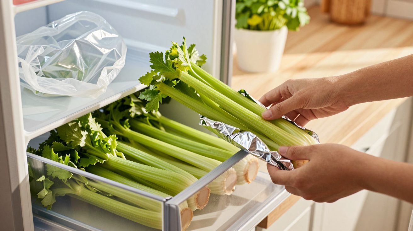 Hands placing fresh celery stalks wrapped in foil into a fridge drawer filled with celery bunches.