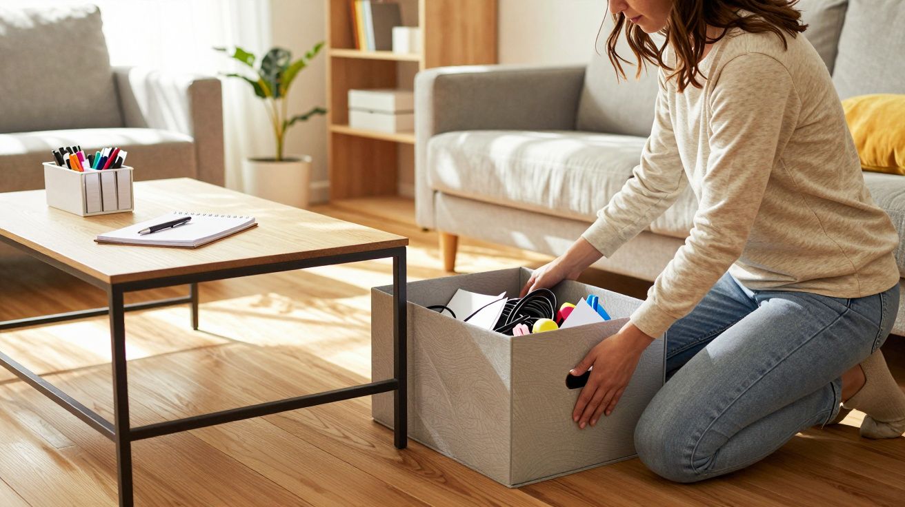Person kneeling on wooden floor organising items in a grey storage box in a sunny living room.