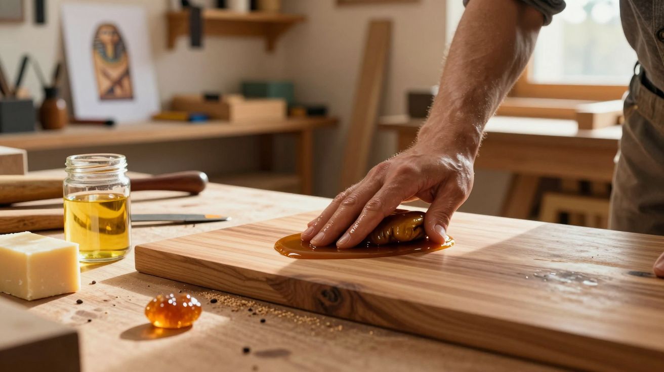 A person applying oil with a cloth to a wooden cutting board in a workshop setting.