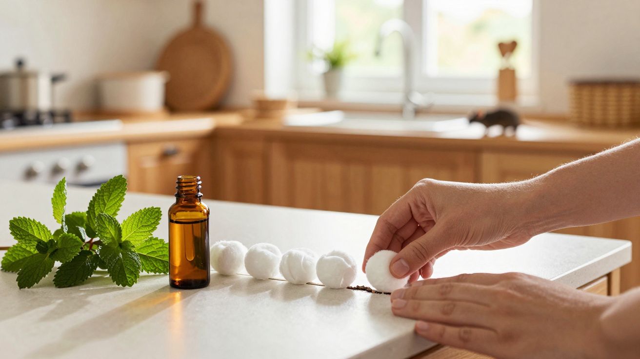 Hands placing cotton balls on a kitchen counter next to a small amber bottle and fresh green leaves.