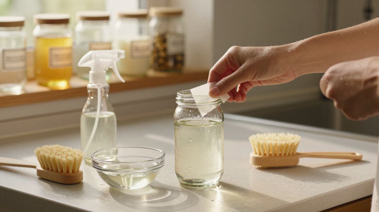 Hand dipping a paper strip into a jar of clear liquid on a kitchen counter with brushes and a spray bottle nearby.