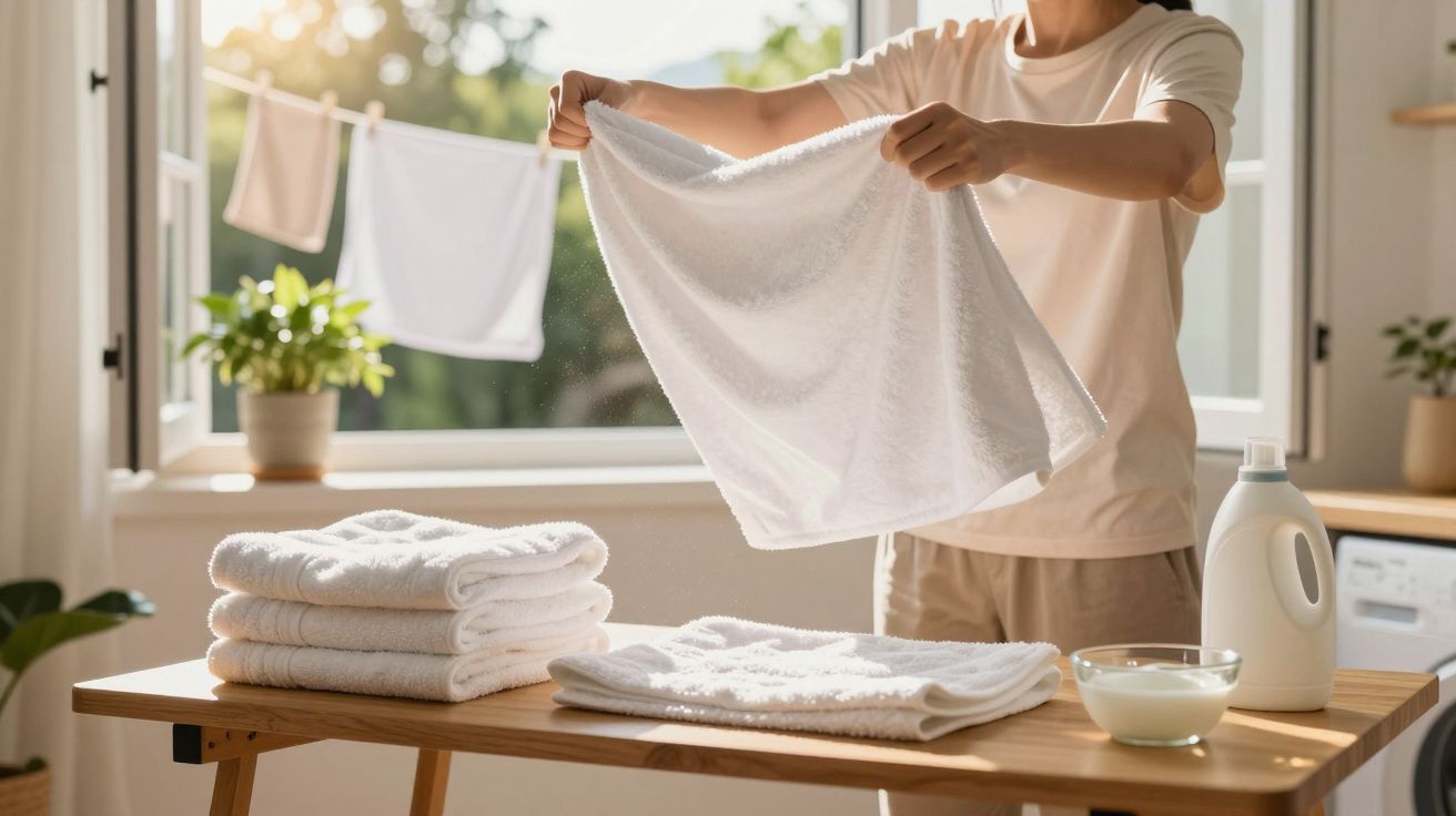 Person folding a white towel on a wooden table with sunlight and plants in the background.