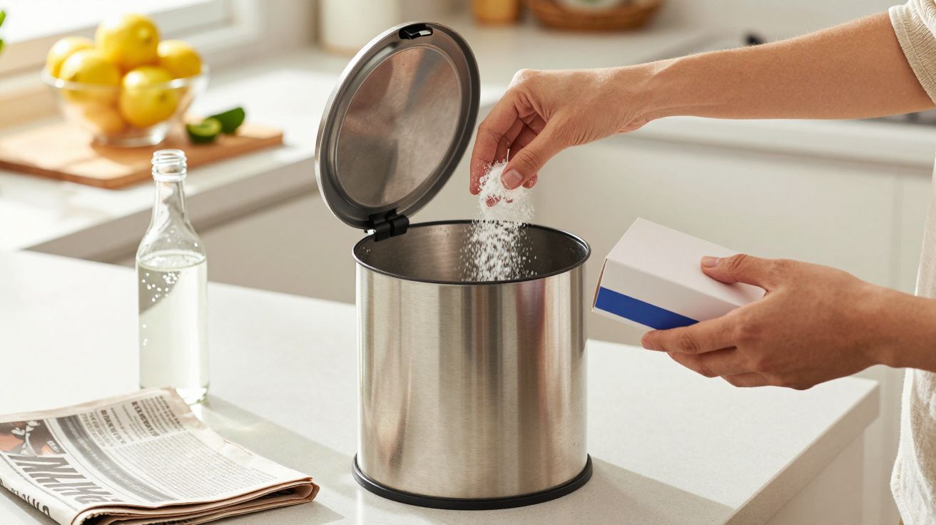Person sprinkling salt into an open stainless steel container on a kitchen countertop.