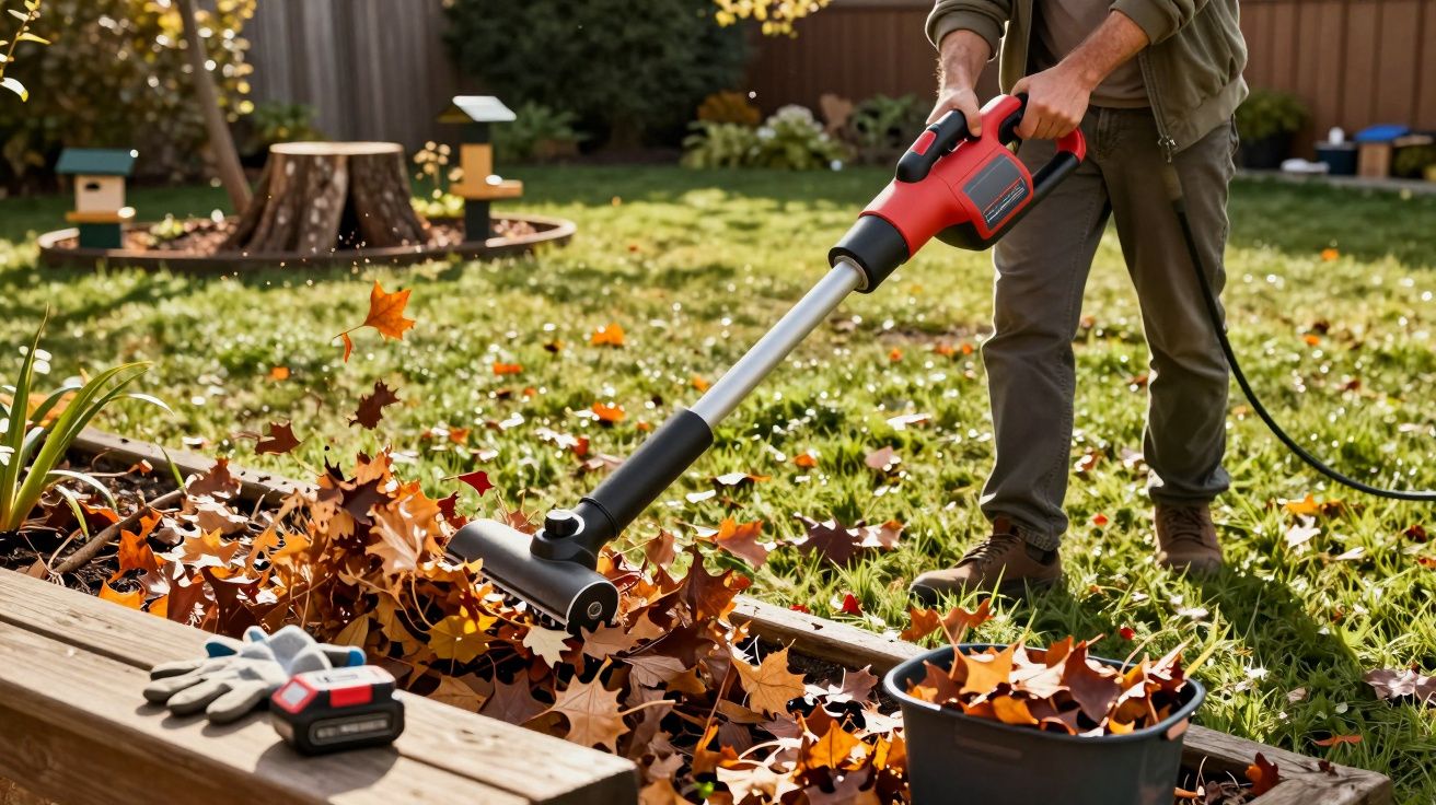 Person using a red electric leaf blower to clear autumn leaves from a garden bed in a sunny backyard.