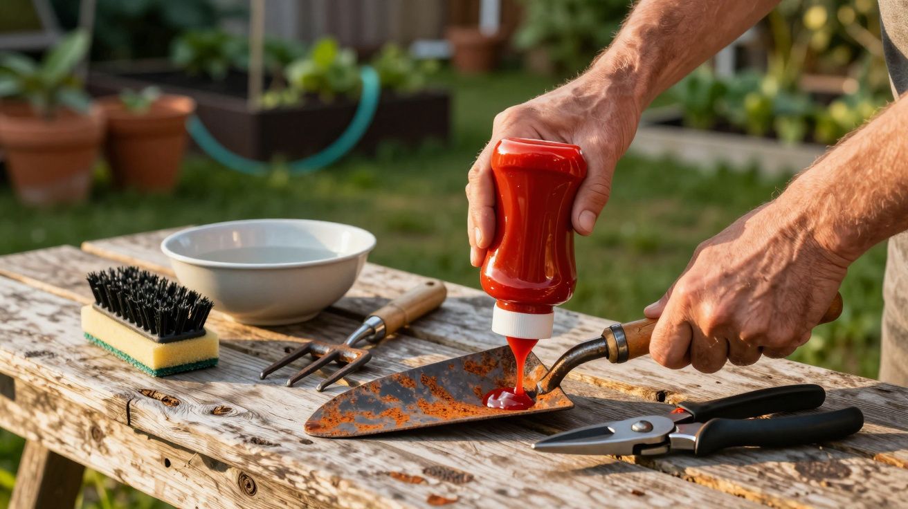 Person squeezing red ketchup onto a rusty gardening trowel on a wooden bench outdoors.