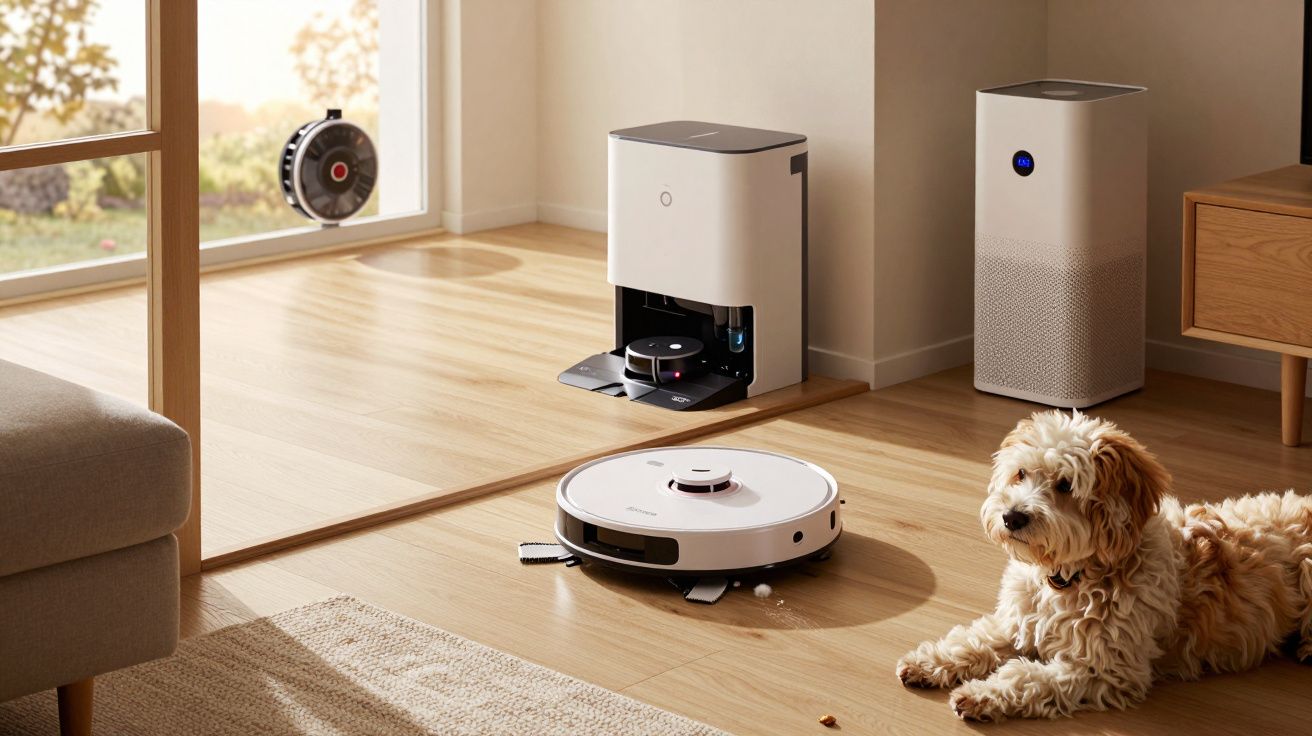A fluffy dog lies on a wooden floor near a robot vacuum and an air purifier in a sunlit modern room.