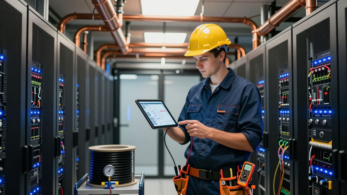 Technician in a hard hat inspecting server racks in a data centre using a tablet and diagnostic tools.