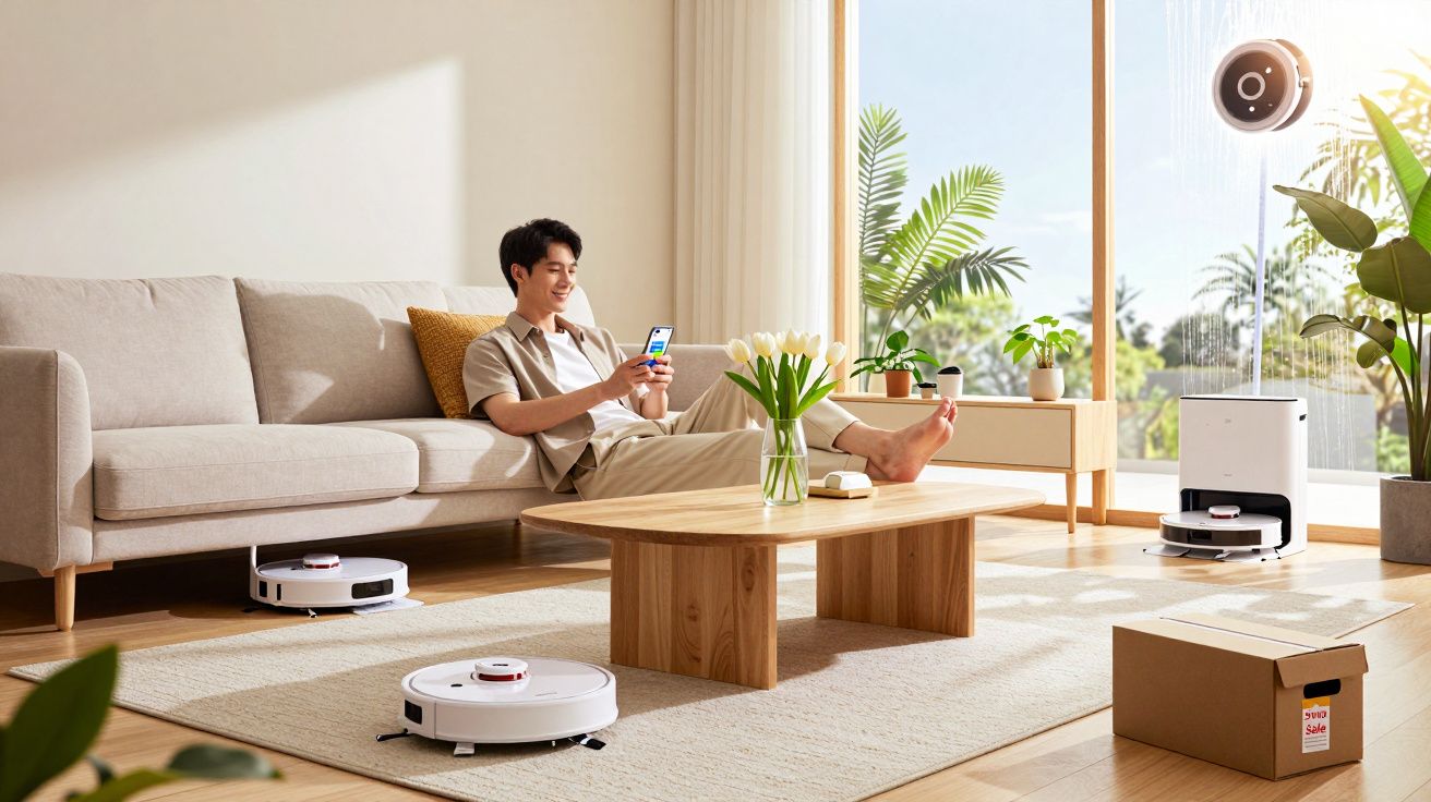 Young man sitting on sofa controlling multiple robot vacuum cleaners in a bright, modern living room.