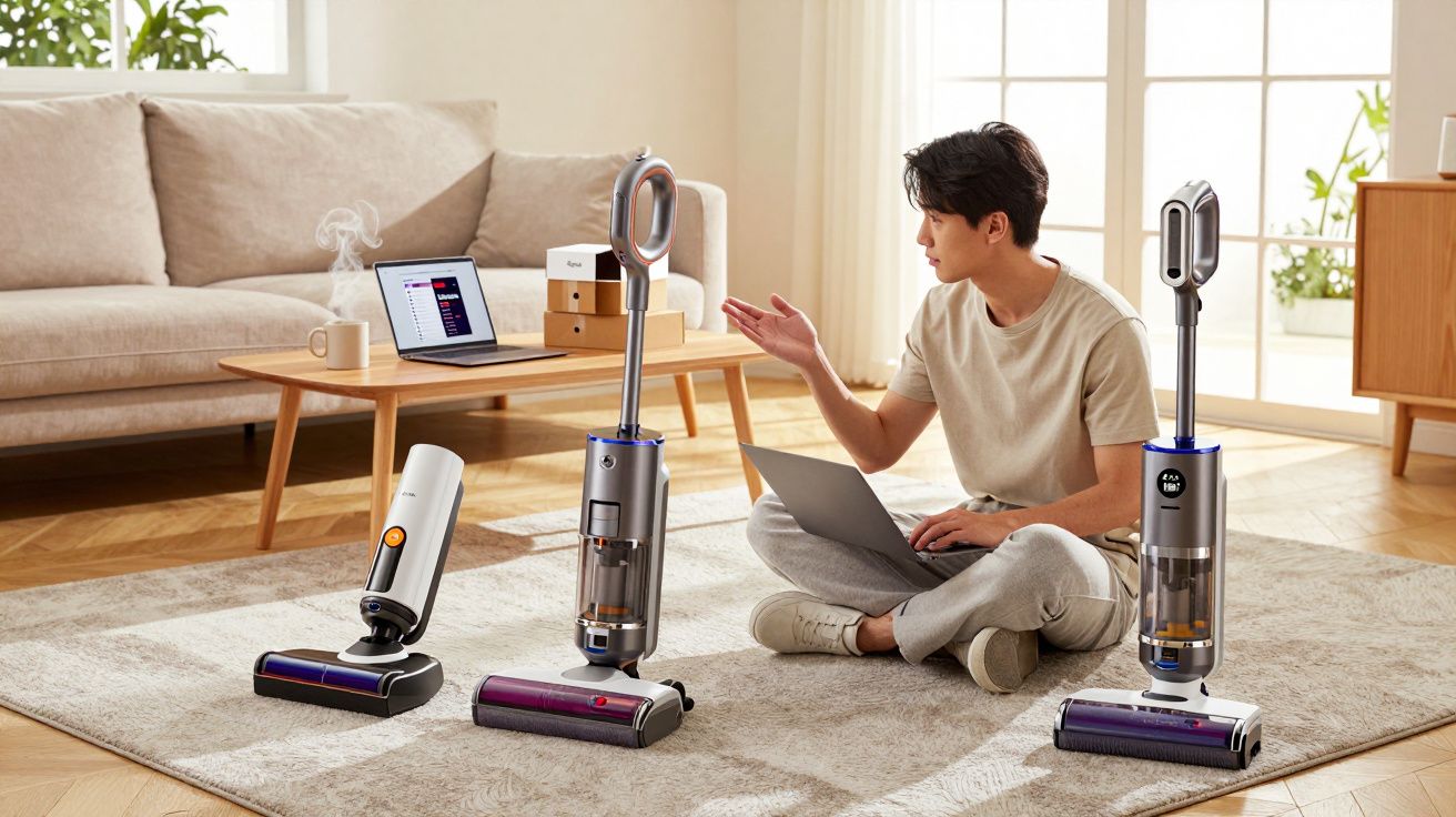 Person sitting on carpeted floor using a laptop surrounded by three upright cordless vacuum cleaners in a living room.