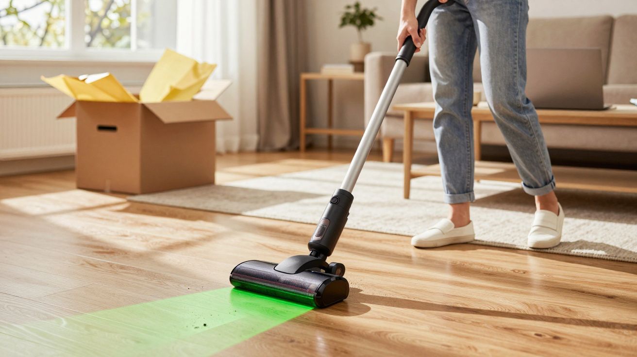 Person vacuuming wooden floor with a cordless vacuum cleaner beside a cardboard box in a bright living room.