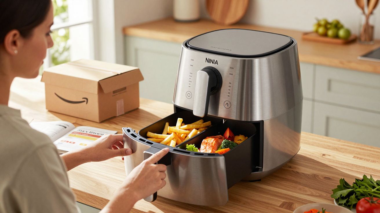 Person using a Ninja air fryer with cooked fries and vegetables inside on a wooden kitchen counter.