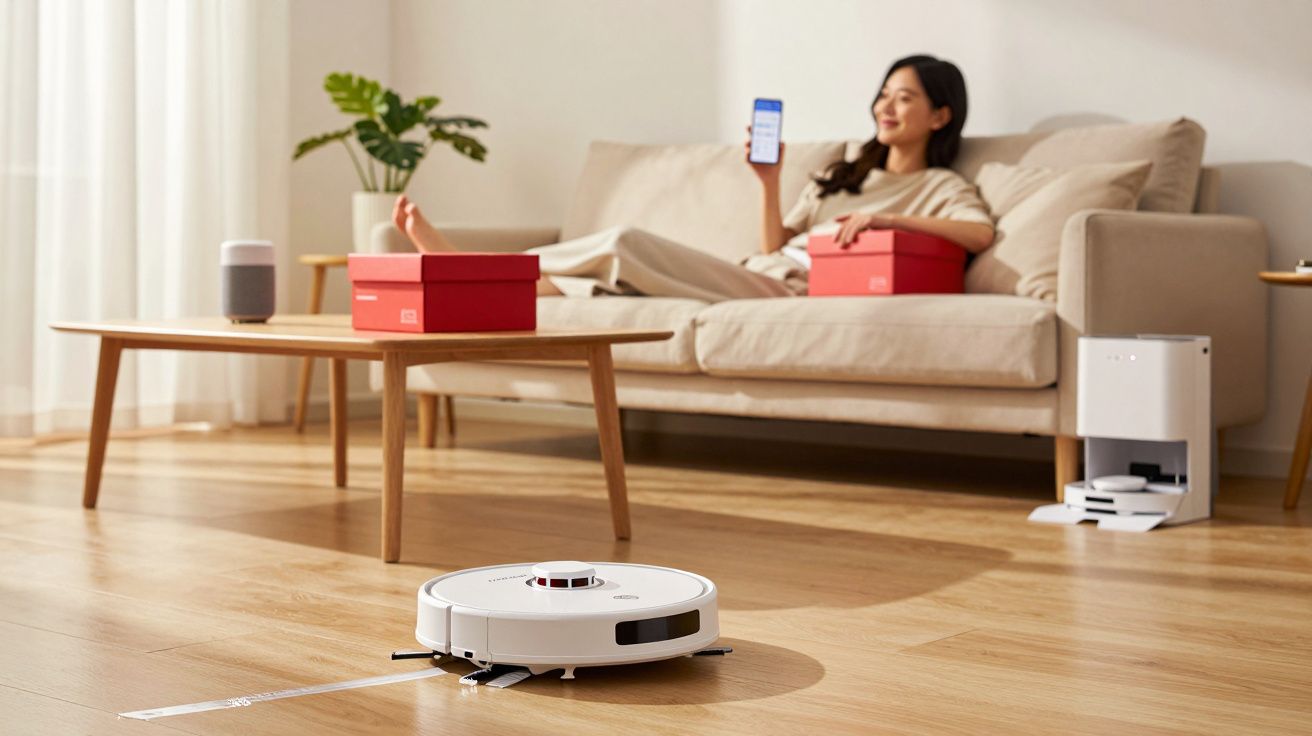 Woman relaxing on sofa with smartphone as robot vacuum cleans wooden floor in modern living room.