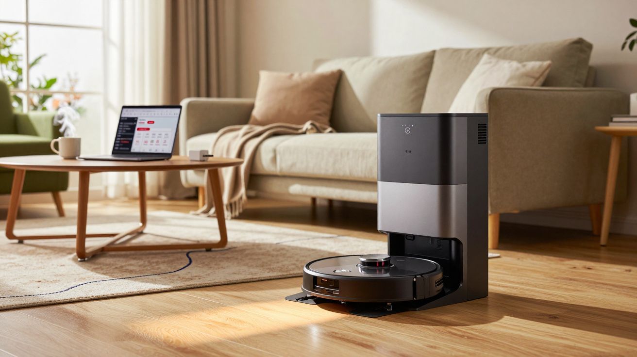 Robotic vacuum on charging dock in modern living room with sofa, wooden floor, and coffee table with laptop.