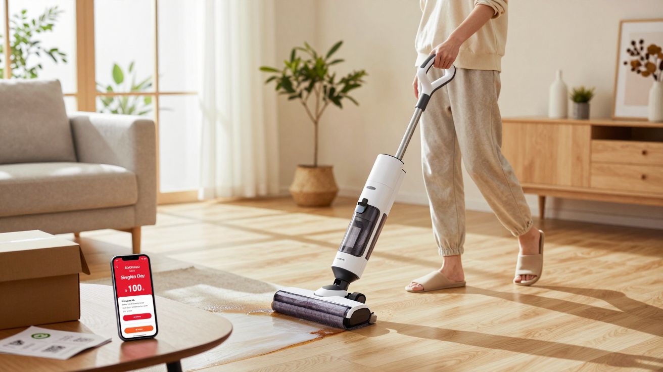 Person using a white cordless floor cleaner on wooden floor in a bright living room with a sofa and indoor plants.