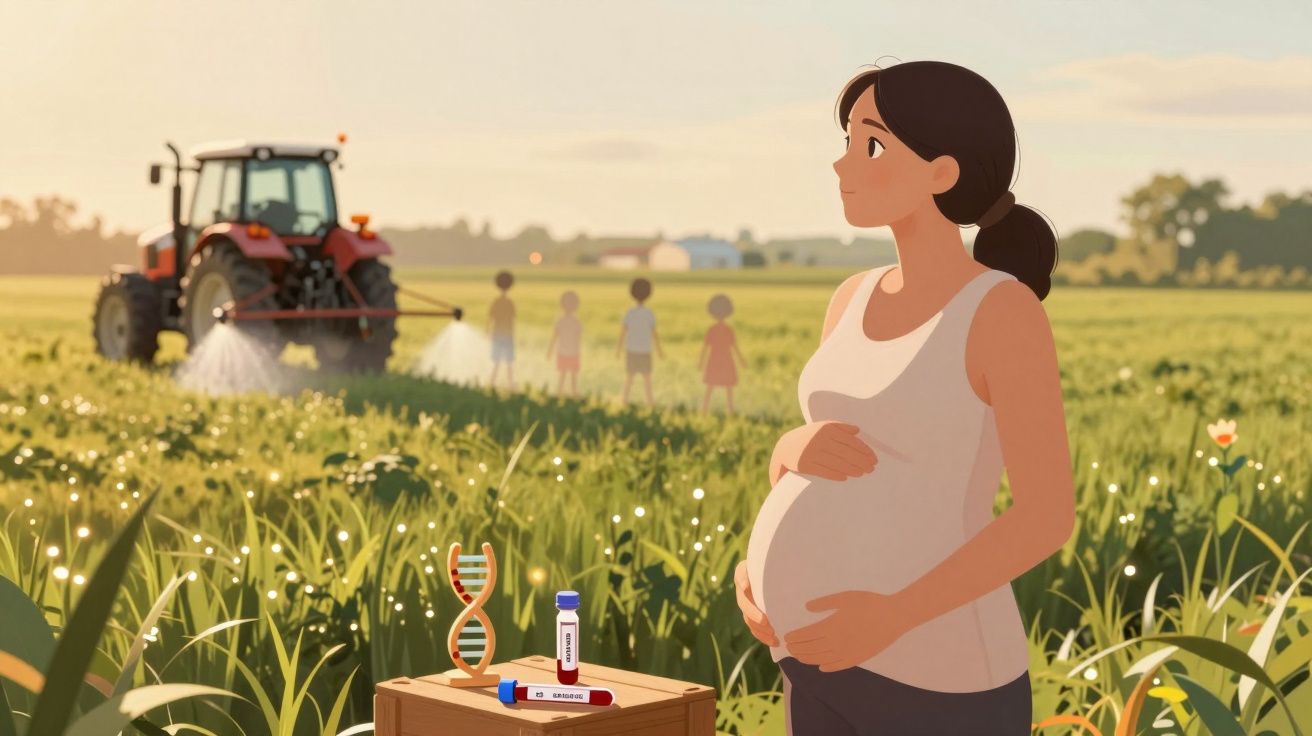 Pregnant woman stands in field near a tractor spraying crops and a box with DNA model and vials on it.
