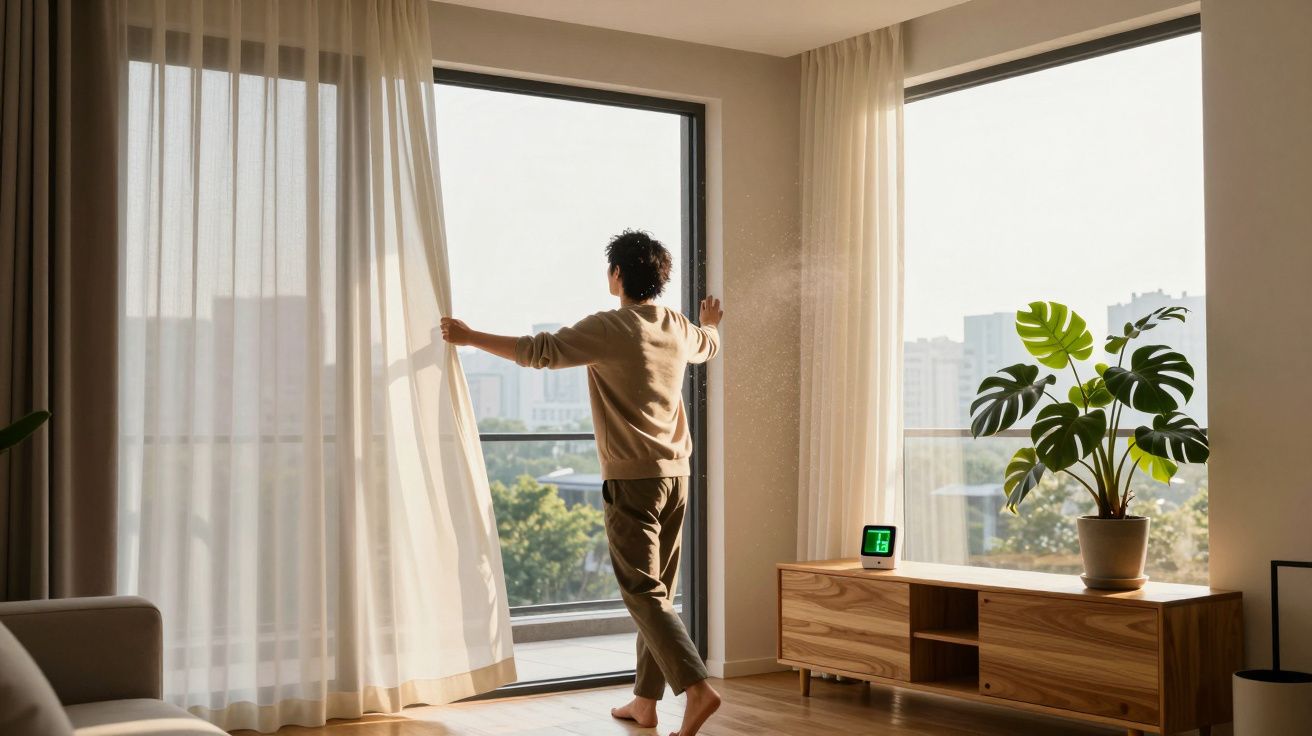 Person opening sheer curtains in a bright living room with a wooden sideboard and potted plant by the window.