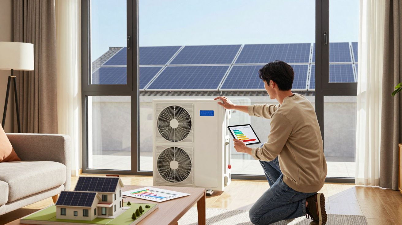 Person kneeling indoors using a tablet to check an energy-efficient HVAC unit with solar panels outside.