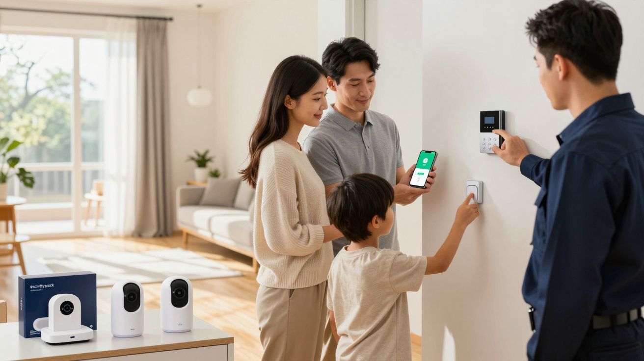 A family installing a home security system with cameras and keypad in a bright living room.