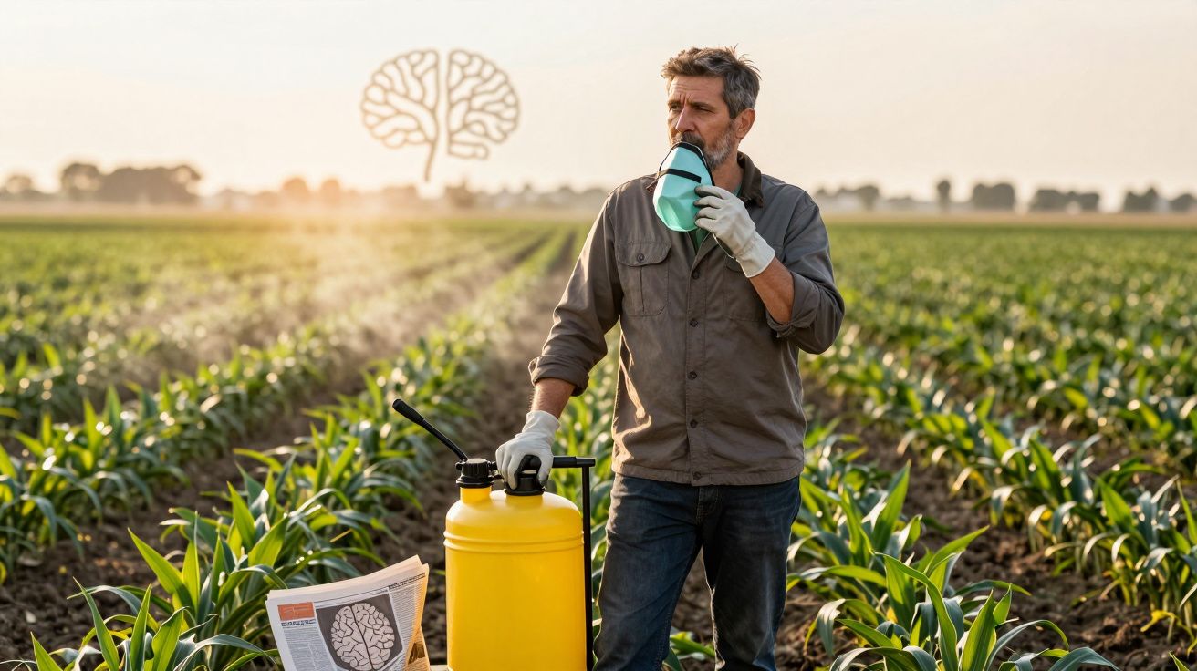 Farmer in gloves holding a face mask beside a yellow pesticide sprayer in a field of young crops at sunset.