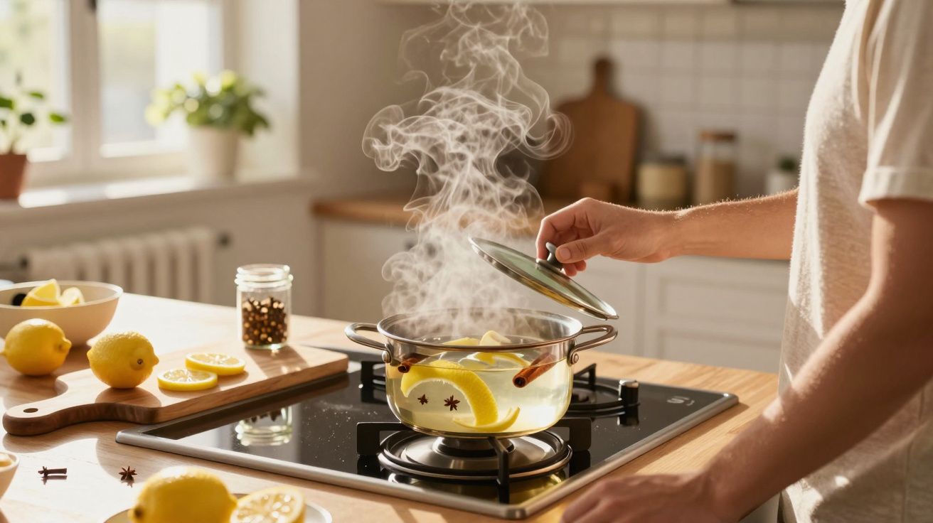 Person lifting lid off a steaming pot with lemon slices and spices on a modern kitchen stove.