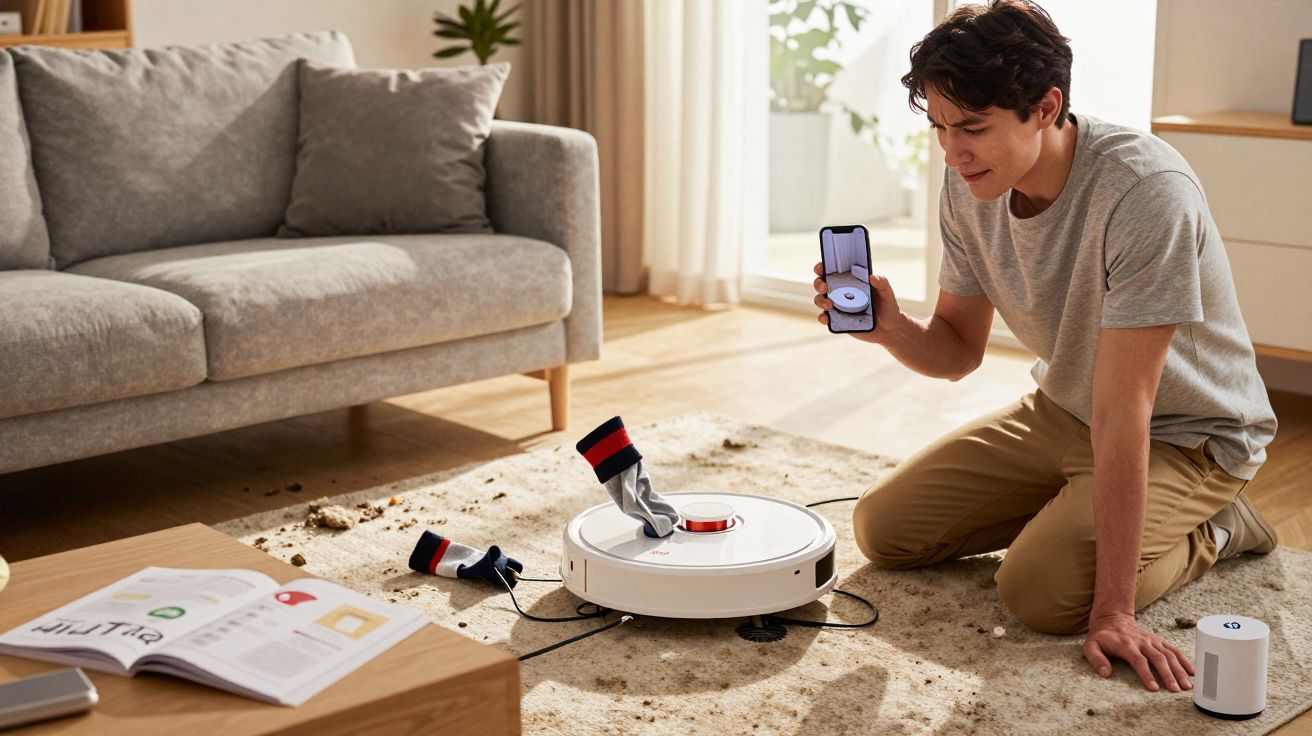 Man controlling a robotic vacuum picking up socks on a carpet in a bright living room.