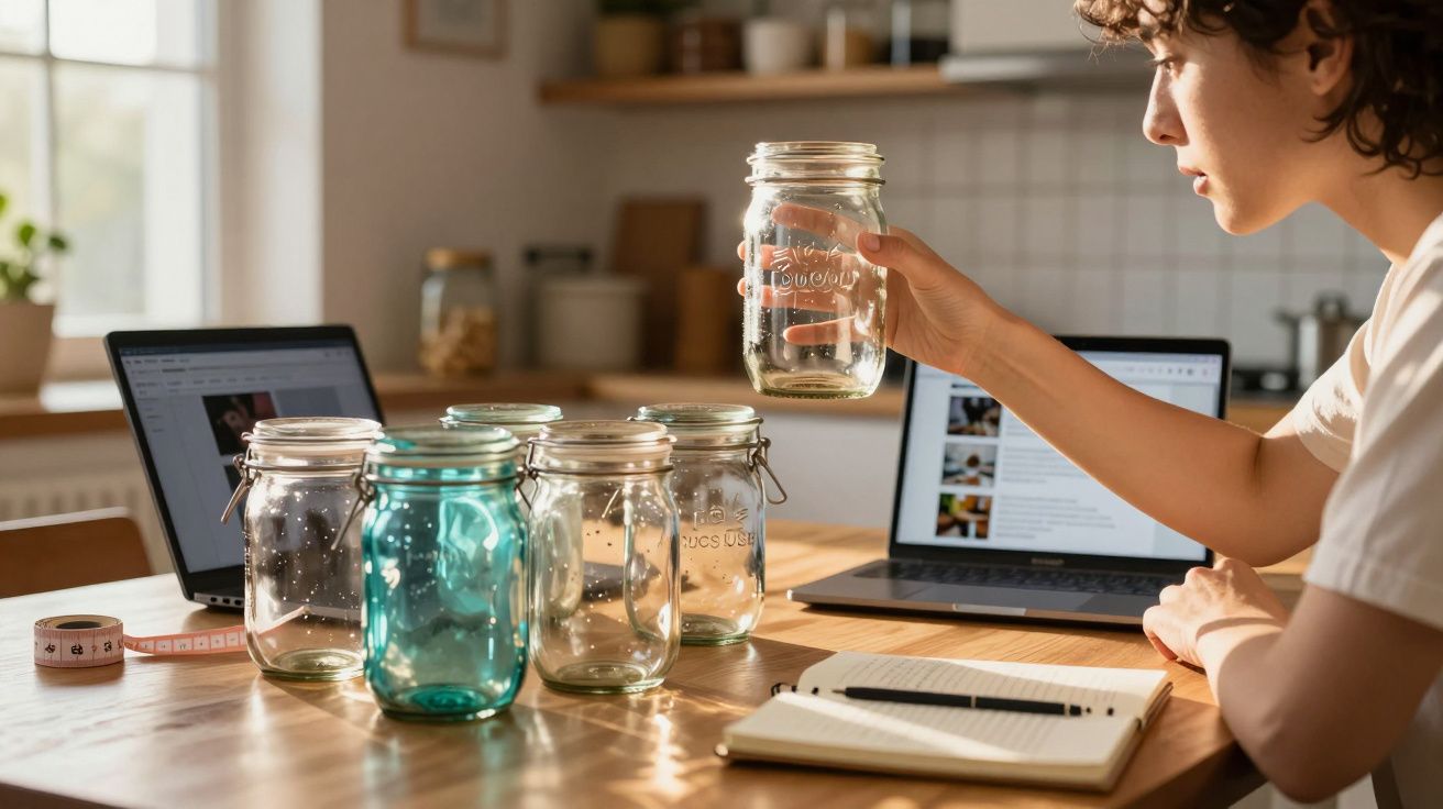 Person examining empty glass jars on a table with two laptops, a notebook, and a measuring tape nearby in a kitchen.