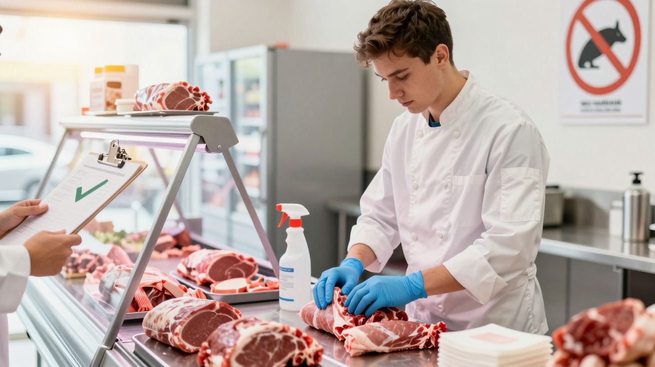 Butcher in white coat and blue gloves preparing raw meat behind counter at a meat shop with inspector holding checklist.