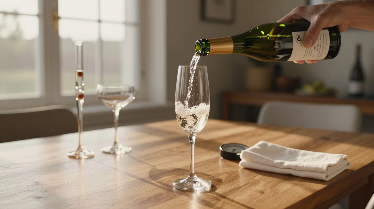 Hand pouring white wine into a glass on a wooden table with two empty glasses and a folded napkin nearby.