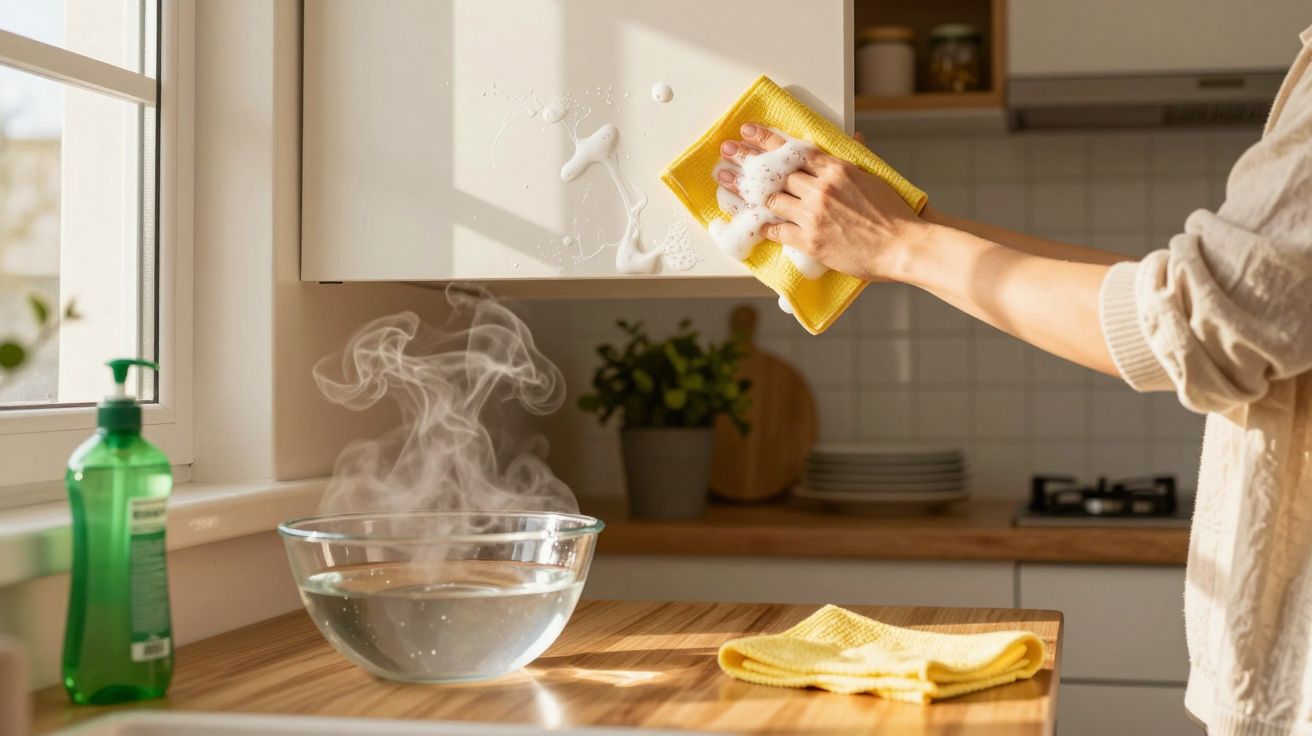 Person cleaning a kitchen cabinet with soapy sponge near a steaming bowl of water on wooden countertop