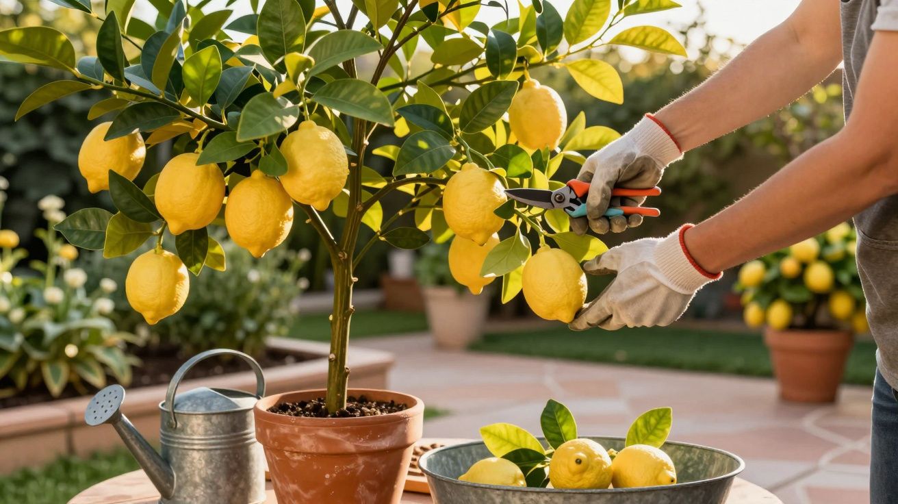 Person wearing gloves harvesting ripe lemons from a potted lemon tree outdoors with a watering can nearby.