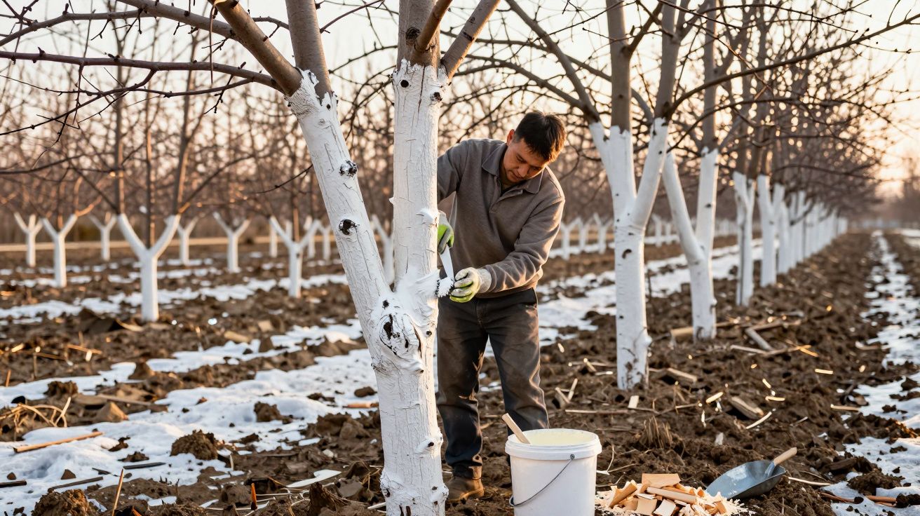 Man painting white protective coating on tree trunks in an orchard during winter with light snow on the ground.