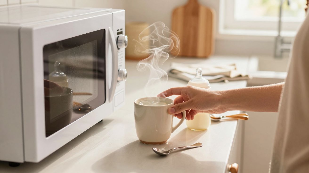 Hand reaching for steaming mug on kitchen counter beside microwave and baby bottle.