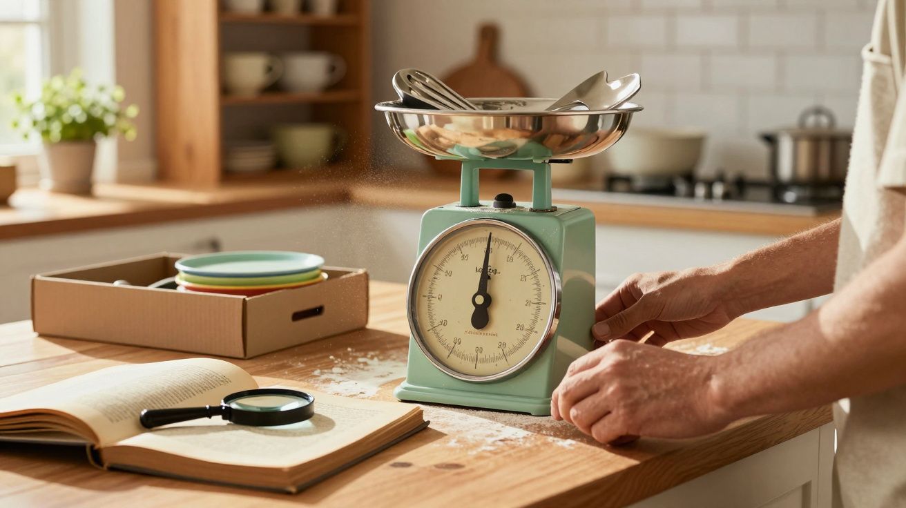 Hands adjusting a vintage kitchen scale on a wooden countertop with utensils, an open book, and plates nearby.