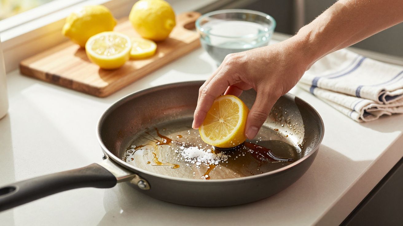 Hand squeezing half a lemon into a frying pan with salt and oil on a kitchen countertop.