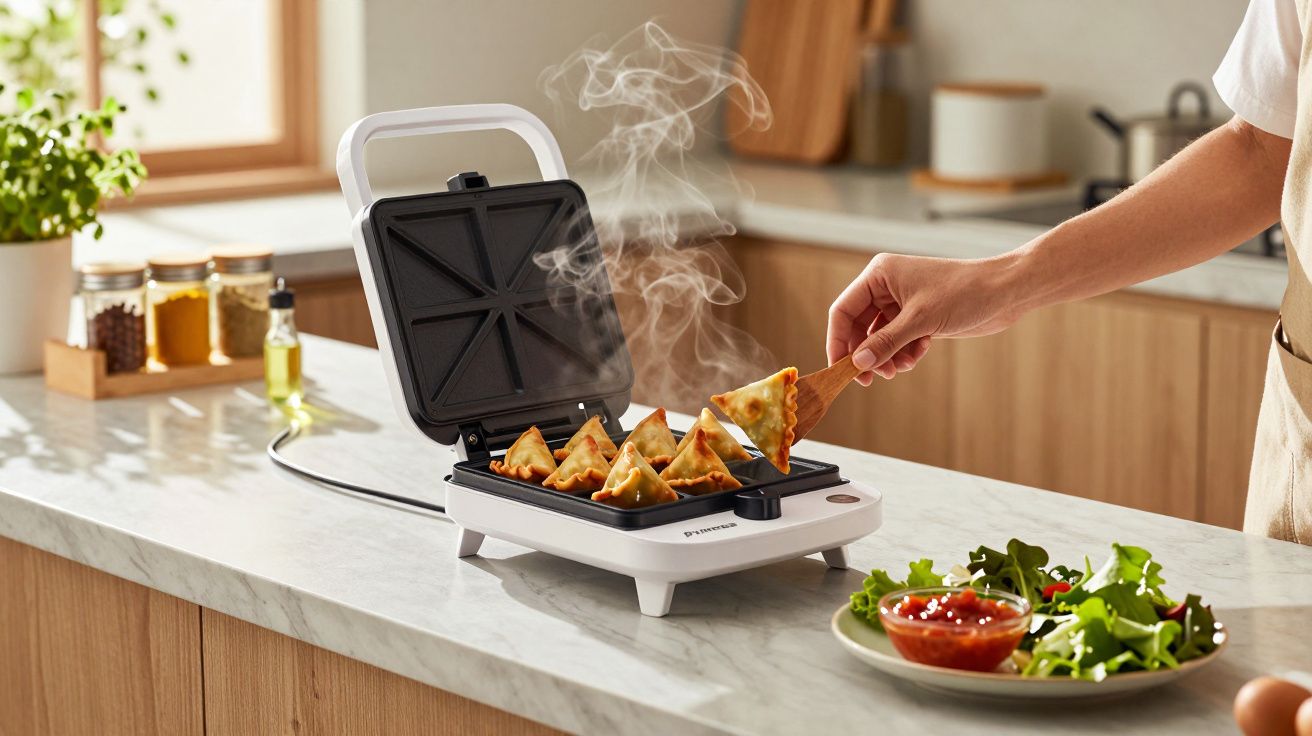 Person removing steaming triangular samosas from a sandwich maker on a kitchen counter with a salad plate nearby.