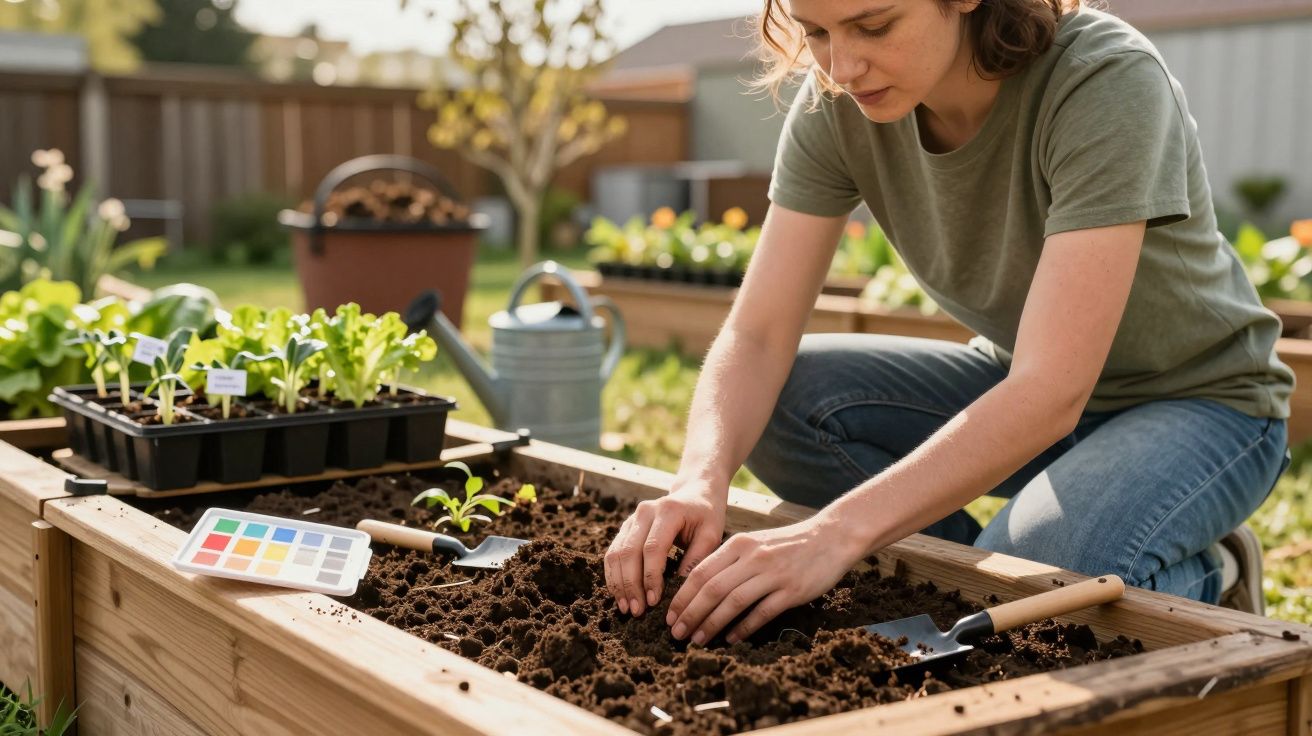 Person planting seeds in a raised garden bed surrounded by seedlings and gardening tools in a backyard.